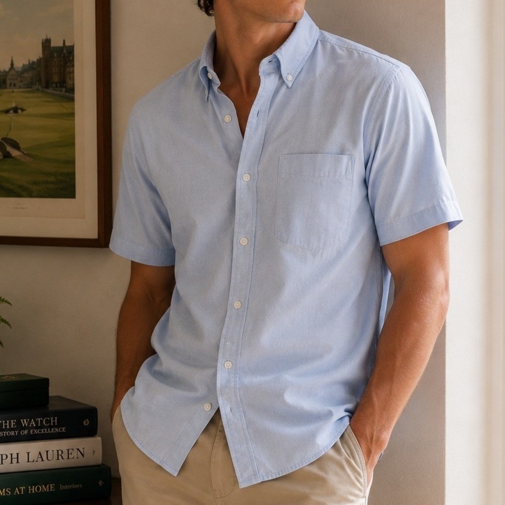 14th & Union Mens Trim Fit Linen Blend Short Sleeve Button Down Shirt Blue M